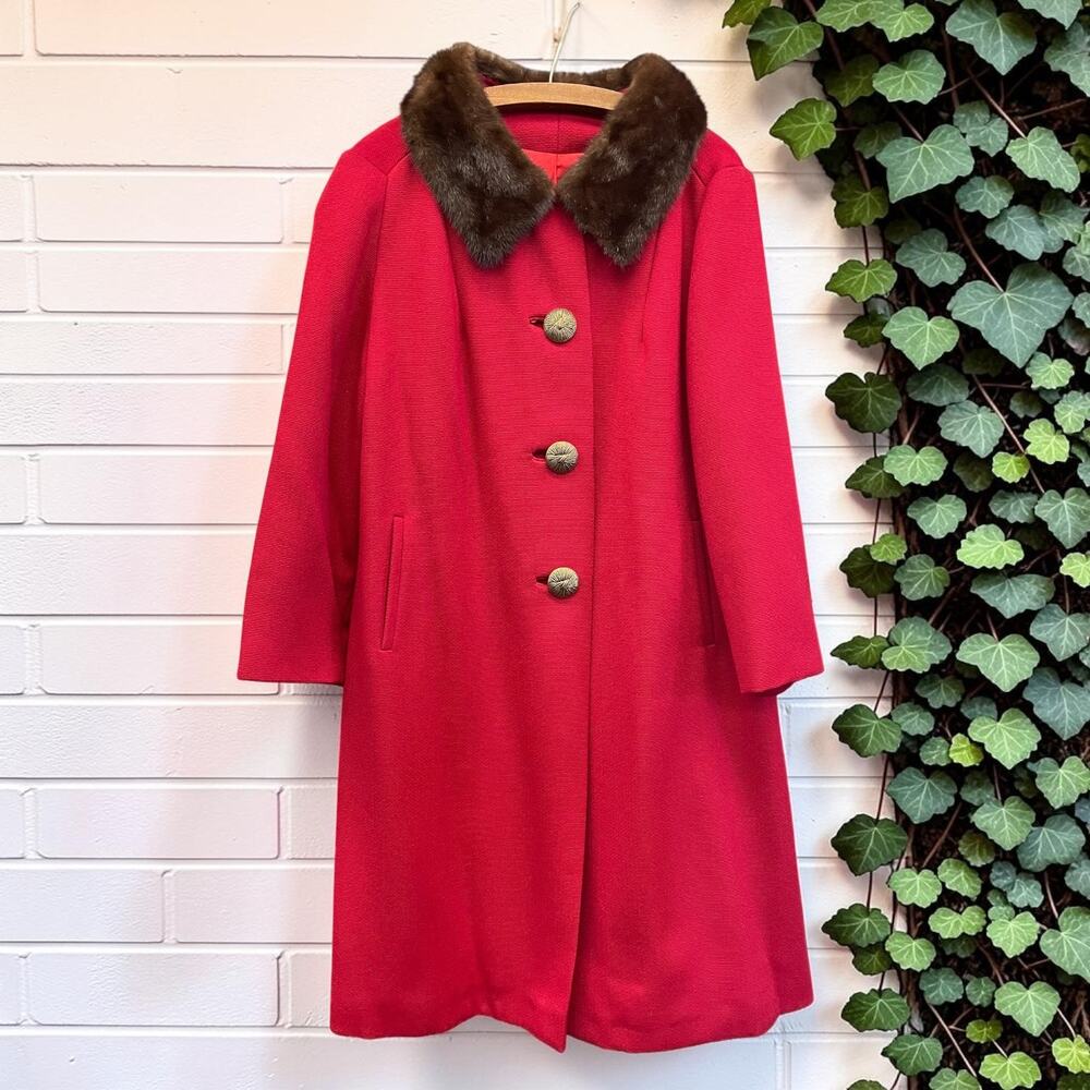 Vintage 1950s Red Wool Swing Coat Real Fur Collar MCM Hollywood Glam Outwear
